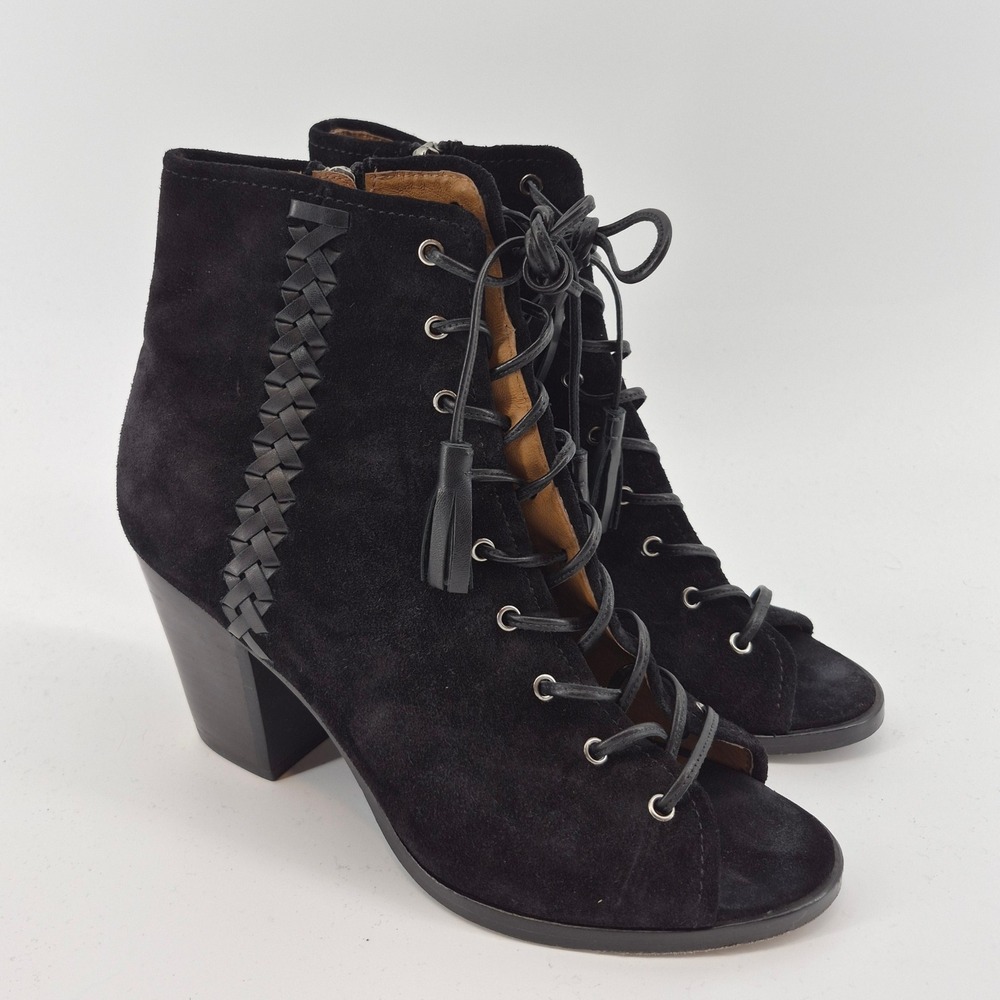 Frye Sz 8.5 Black Suede Peep Toe Lace Up‎ Booties Heels Zip Ankle Boots Womens